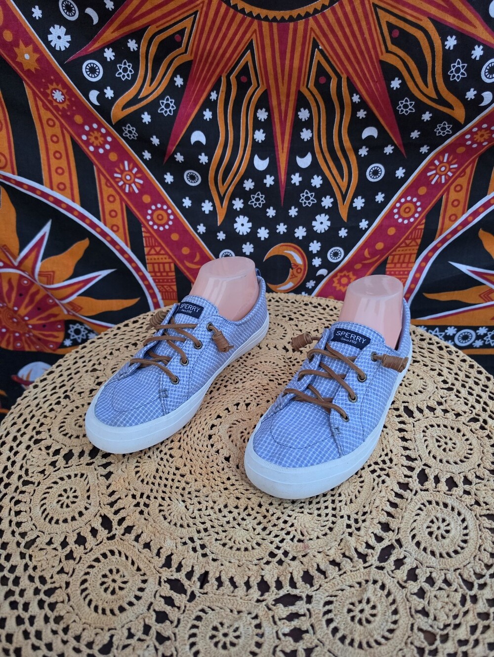 Sperry Crest Vibe Blue Gingham Canvas Sneakers Women's Size 8